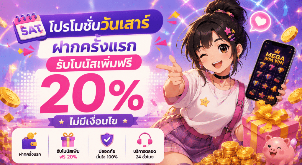 โปรโมชันวันเสาร์ฝากครั้งแรก รับโบนัสเพิ่มฟรี 20% ไม่มีเงื่อนไข